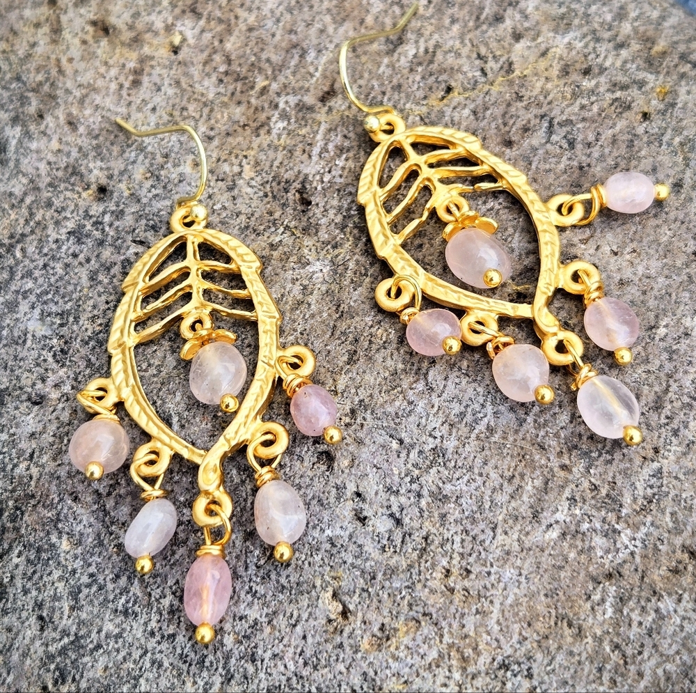 Greek Inspired Rose Quartz In Filligree  Botanical Setting Gold Plated Earrings
